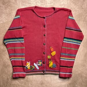 Vintage 90s Susan Bristol Patchwork Embroidered Present Sweater Cardigan Red